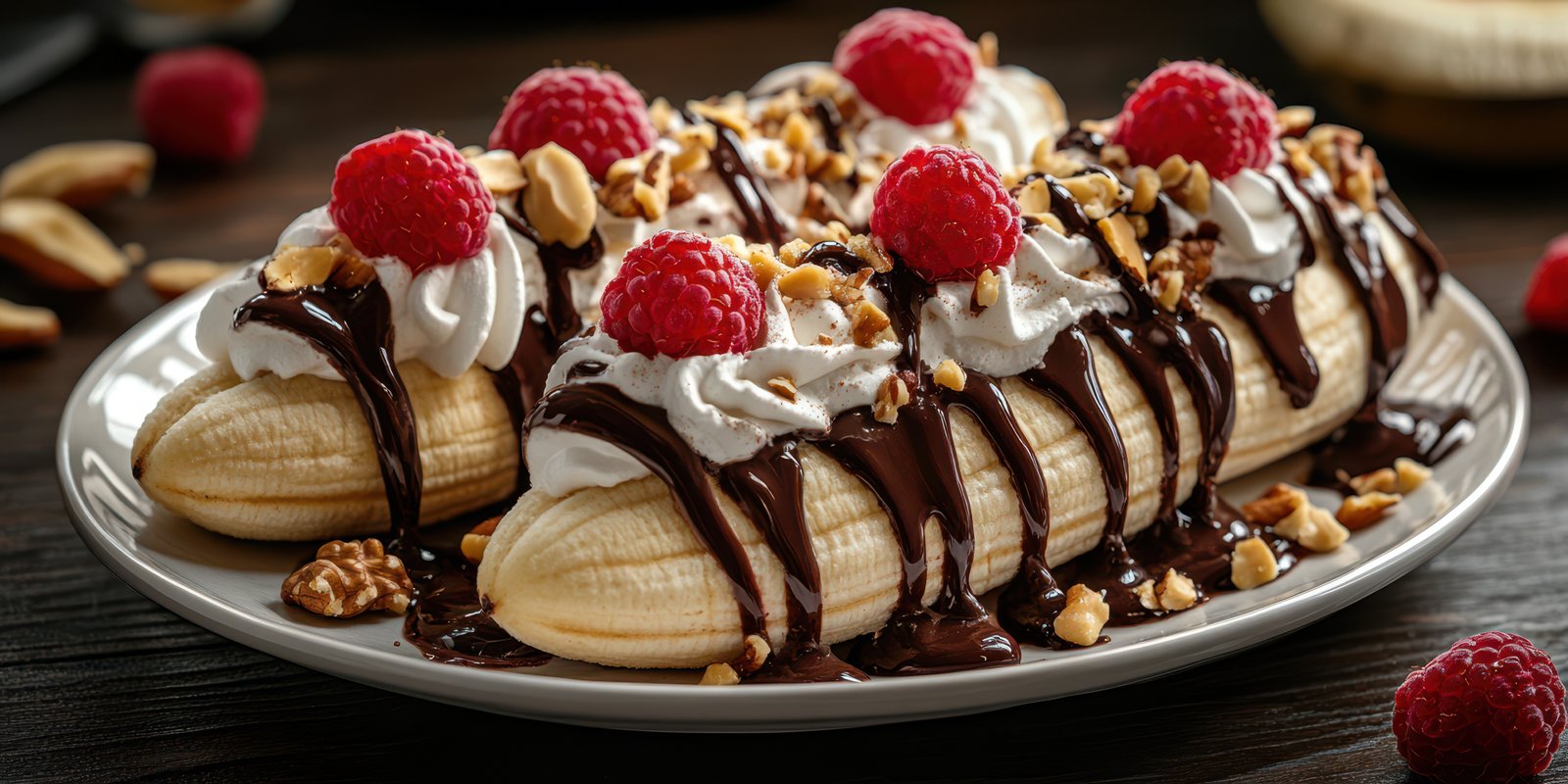 Delicious dessert featuring bananas topped with chocolate sauce, whipped cream, nuts, and fresh raspberries served on a plate